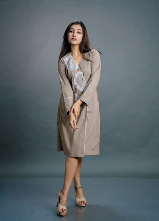 Beige Embroidered Wrap Dress