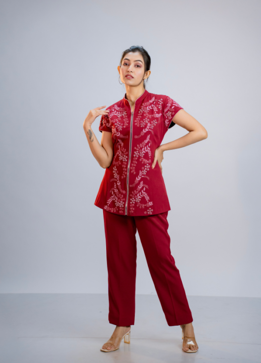 Maroon Embroidered Two-Piece Set.