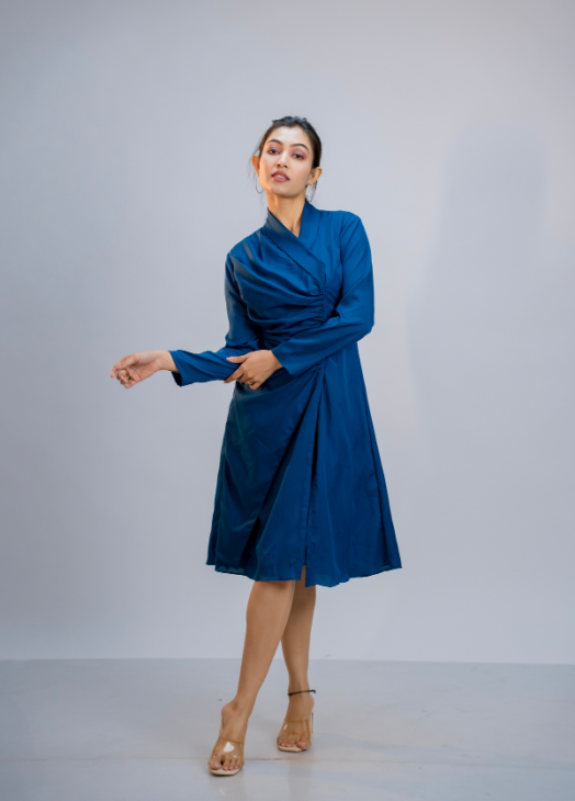 Blue Draped Crepe Dress