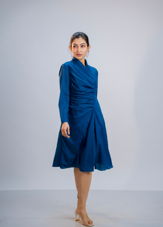 Blue Draped Crepe Dress