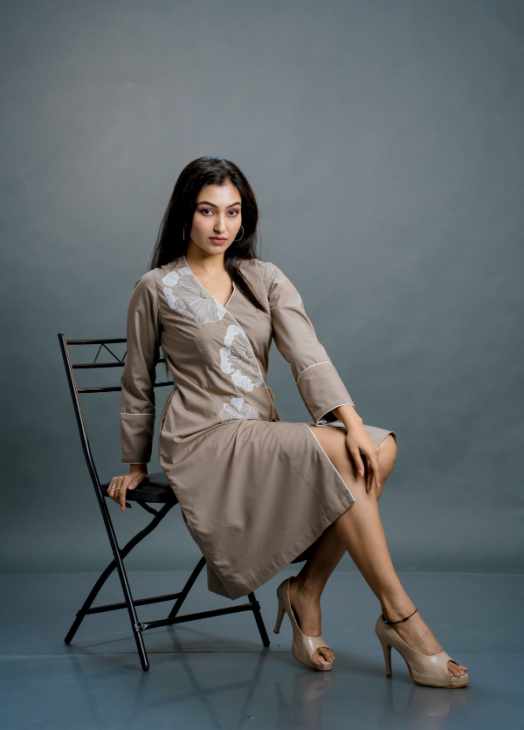 Beige Embroidered Wrap Dress