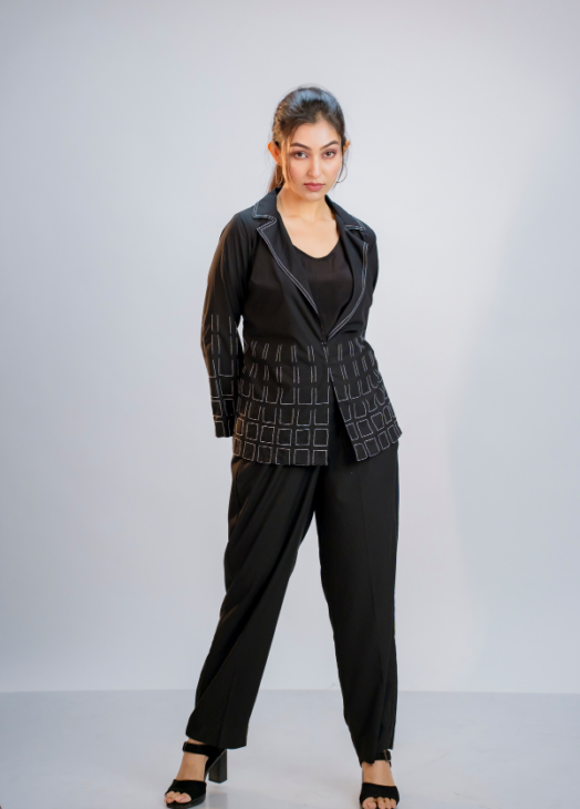 Black Contrast Stitch Two-Piece Set.