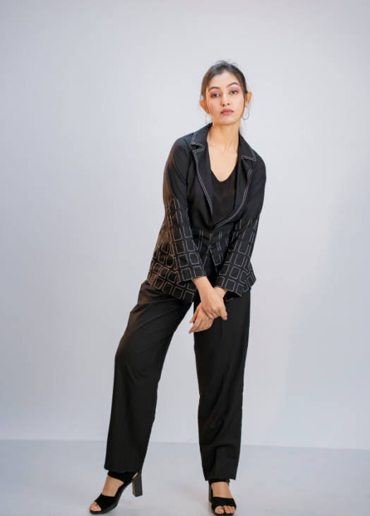 Black Contrast Stitch Two-Piece Set.