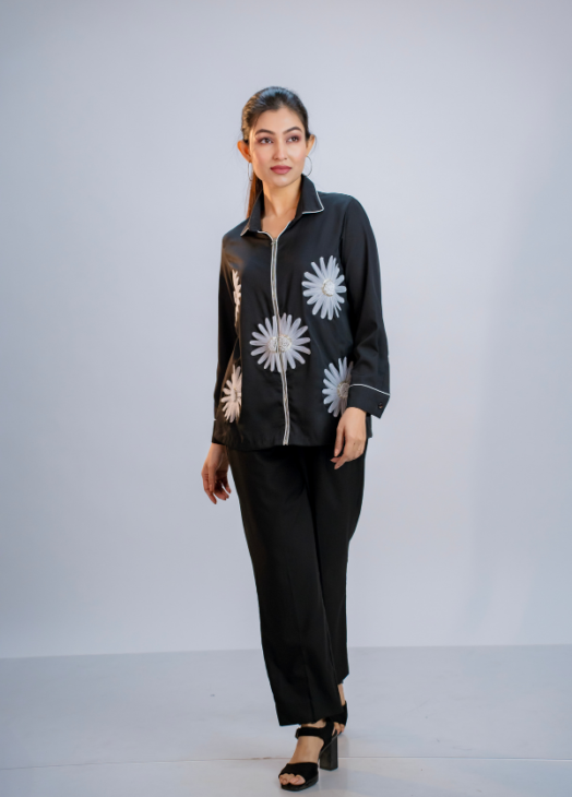 Black Floral Embroidered Coord Set