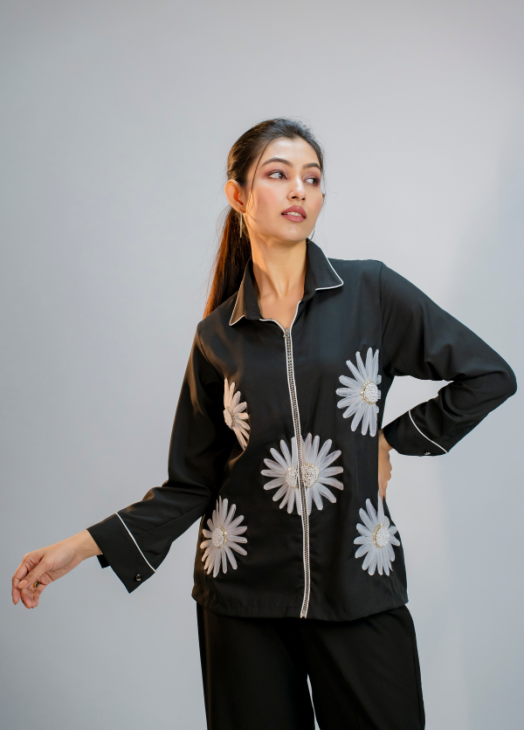 Black Floral Embroidered Coord Set