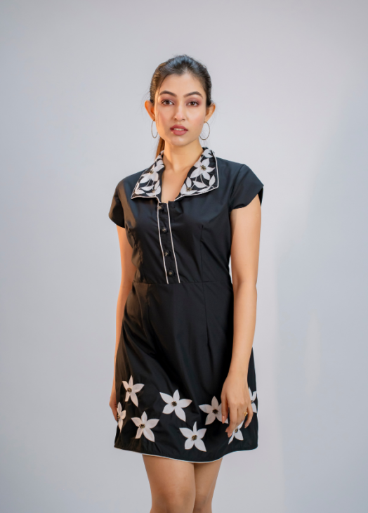 Black Embroidered Collar Cotton Poplin Dress