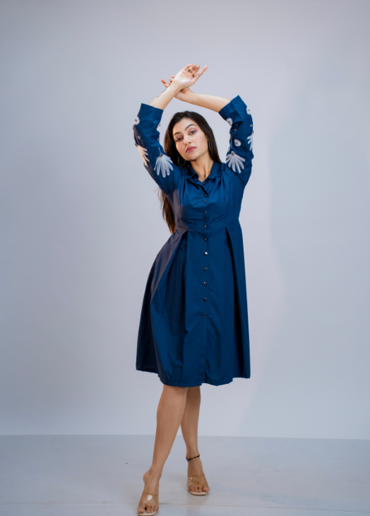 Blue Floral Embroidered Poplin Dress