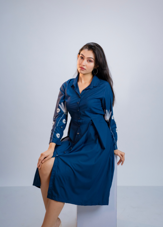 Blue Floral Embroidered Poplin Dress