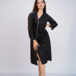 Midi dress, asymmetrical neckline, long sleeves, draped effect