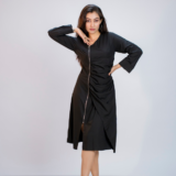 Midi dress, asymmetrical neckline, long sleeves, draped effect