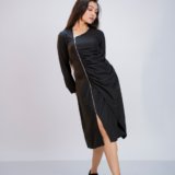 Midi dress, asymmetrical neckline, long sleeves, draped effect