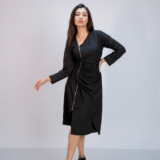 Midi dress, asymmetrical neckline, long sleeves, draped effect
