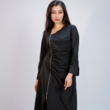 Midi dress, asymmetrical neckline, long sleeves, draped effect