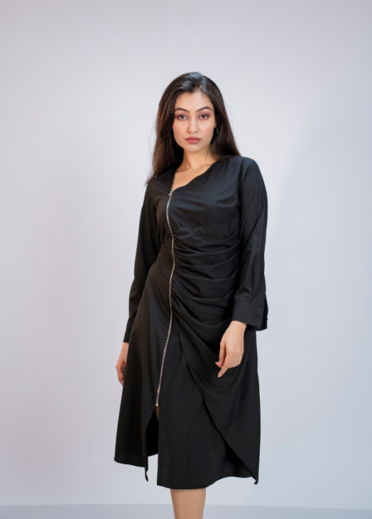 Midi dress, asymmetrical neckline, long sleeves, draped effect