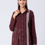 Wine, Crepe fabric, French knot hand embroidered with Shirt Collar neck,Shirt Style, Full Sleeves