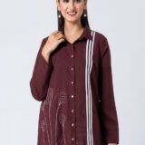 Wine, Crepe fabric, French knot hand embroidered with Shirt Collar neck,Shirt Style, Full Sleeves