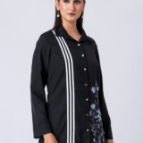 BLACK ALLURE SHIRT: Black, Crepe Fabric, Multi threaded embroidered shirt with collar neck, Full sleeves