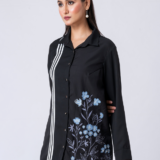 BLACK ALLURE SHIRT: Black, Crepe Fabric, Multi threaded embroidered shirt with collar neck, Full sleeves