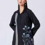 BLACK ALLURE SHIRT: Black, Crepe Fabric, Multi threaded embroidered shirt with collar neck, Full sleeves