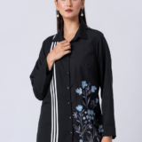BLACK ALLURE SHIRT: Black, Crepe Fabric, Multi threaded embroidered shirt with collar neck, Full sleeves
