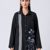BLACK ALLURE SHIRT: Black, Crepe Fabric, Multi threaded embroidered shirt with collar neck, Full sleeves