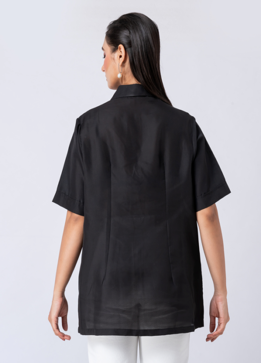 BLACK BLOOM SHIRT: Black, Crepe Fabric, Crystal and thread embroidered shirt with collar neck, Half sleeves