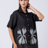 BLACK BLOOM SHIRT: Black, Crepe Fabric, Crystal and thread embroidered shirt with collar neck, Half sleeves