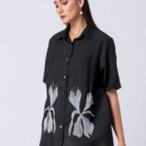 BLACK BLOOM SHIRT: Black, Crepe Fabric, Crystal and thread embroidered shirt with collar neck, Half sleeves
