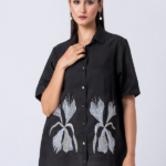 BLACK BLOOM SHIRT: Black, Crepe Fabric, Crystal and thread embroidered shirt with collar neck, Half sleeves