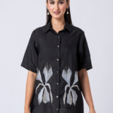 BLACK BLOOM SHIRT: Black, Crepe Fabric, Crystal and thread embroidered shirt with collar neck, Half sleeves