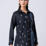 BLACK BEAUTY SHIRT: Black, Cotton Fabric, Crystal and thread embroidered shirt with collar neck, Full sleeves