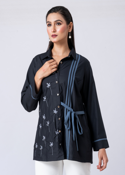 BLACK BEAUTY SHIRT: Black, Cotton Fabric, Crystal and thread embroidered shirt with collar neck, Full sleeves