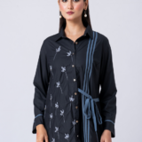 BLACK BEAUTY SHIRT: Black, Cotton Fabric, Crystal and thread embroidered shirt with collar neck, Full sleeves