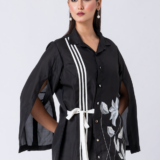 Black, Crepe fabric, Beaded hand embroidered shirt with collar neck, Asymetrical sleeves
