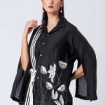 Black, Crepe fabric, Beaded hand embroidered shirt with collar neck, Asymetrical sleeves
