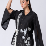 Black, Crepe fabric, Beaded hand embroidered shirt with collar neck, Asymetrical sleeves