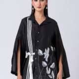 Black, Crepe fabric, Beaded hand embroidered shirt with collar neck, Asymetrical sleeves