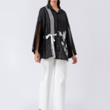 Black, Crepe fabric, Beaded hand embroidered shirt with collar neck, Asymetrical sleeves