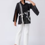 Black, Crepe fabric, Beaded hand embroidered shirt with collar neck, Asymetrical sleeves