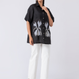 BLACK BLOOM SHIRT: Black, Crepe Fabric, Crystal and thread embroidered shirt with collar neck, Half sleeves