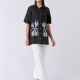 BLACK BLOOM SHIRT: Black, Crepe Fabric, Crystal and thread embroidered shirt with collar neck, Half sleeves