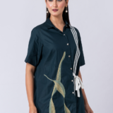 GREEN TROPICAL SHIRT: Green, Cotton Fabric, Bead and hand embroidered shirt with collar neck, Half sleeves