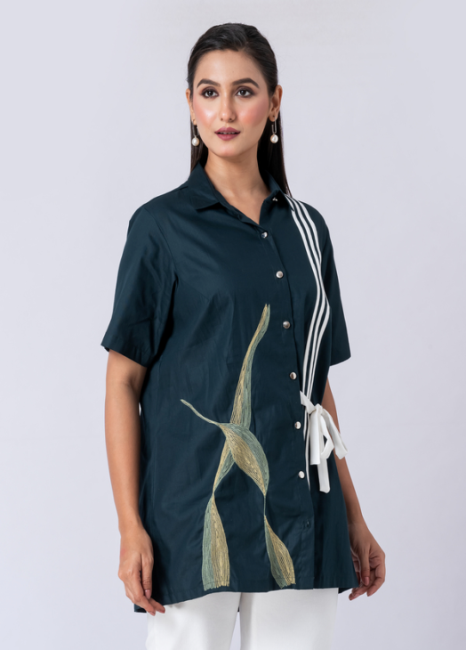 GREEN TROPICAL SHIRT: Green, Cotton Fabric, Bead and hand embroidered shirt with collar neck, Half sleeves