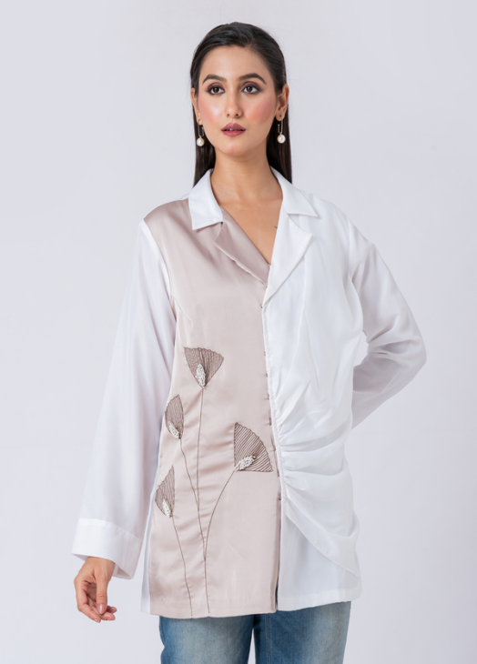 Dual tone, Cowl waist, Bead and hand embroidered shirt with collar neck, Full sleeves