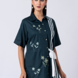 GREEN JADE SHIRT:Green, Cotton Fabric, Bead and hand embroidered shirt with collar neck, Half sleeves