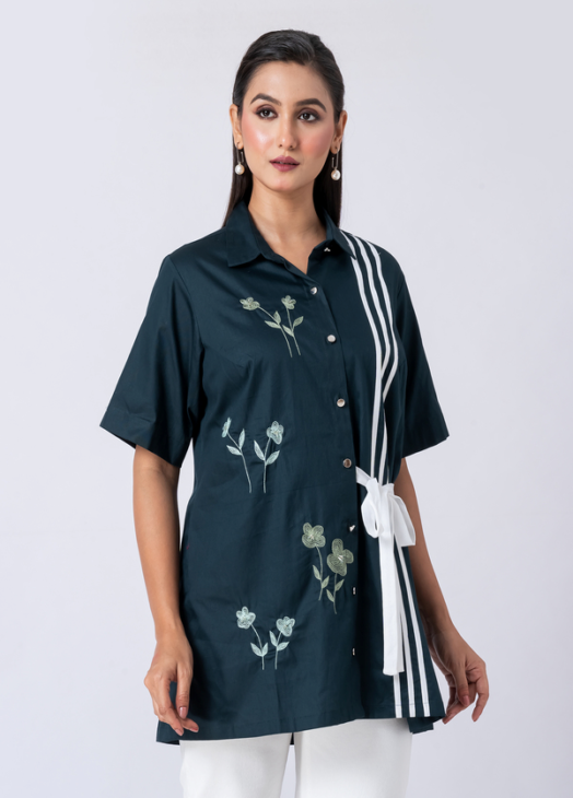 GREEN JADE SHIRT:Green, Cotton Fabric, Bead and hand embroidered shirt with collar neck, Half sleeves