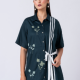 GREEN JADE SHIRT:Green, Cotton Fabric, Bead and hand embroidered shirt with collar neck, Half sleeves