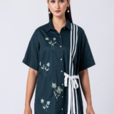 GREEN JADE SHIRT:Green, Cotton Fabric, Bead and hand embroidered shirt with collar neck, Half sleeves