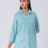 Blue, Cotton Fabric, Bead and hand embroidered shirt with collar neck, Full sleeves