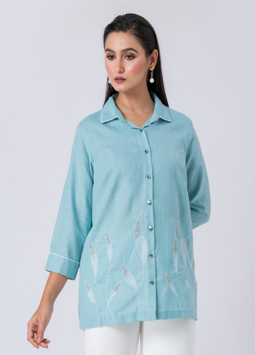 Blue, Cotton Fabric, Bead and hand embroidered shirt with collar neck, Full sleeves